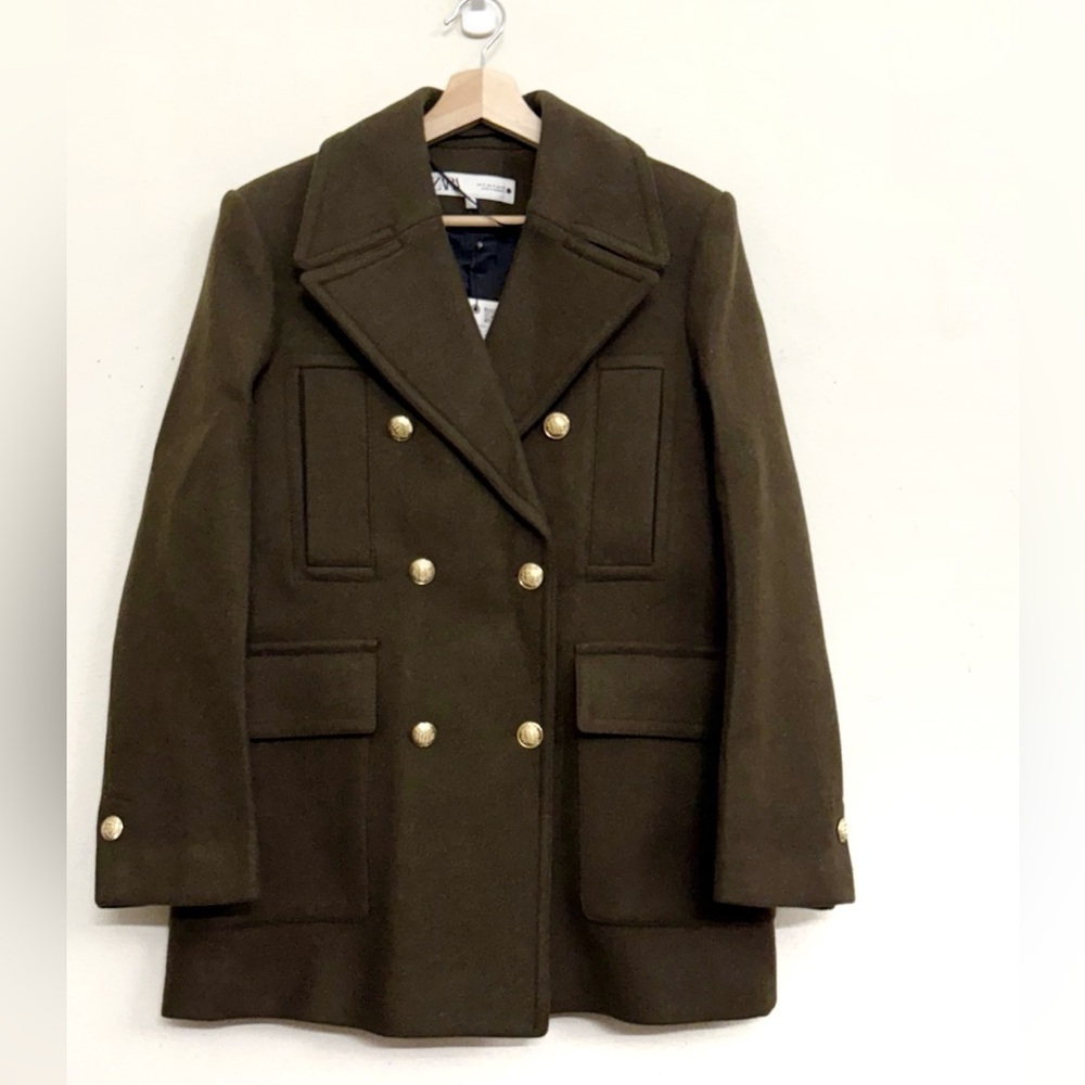 NWT Zara Wool Double-Breasted Pea Coat in Dark Olive Green Sz S - Picture 8 of 17